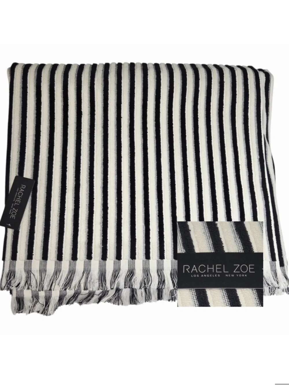 Rachel Zoe Cream Black Striped Fringe Oversized Beach Towel 40x70 Spring Summer